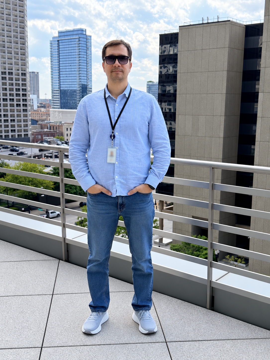 Rustem Garryyev standing on a rooftop with a city skyline behind him